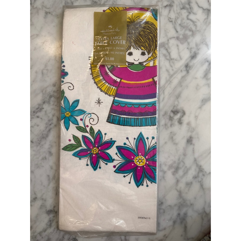 VTG Hallmark Extra Large Paper Table Cover Retro Girl Floral 60x102 100XT42-5
